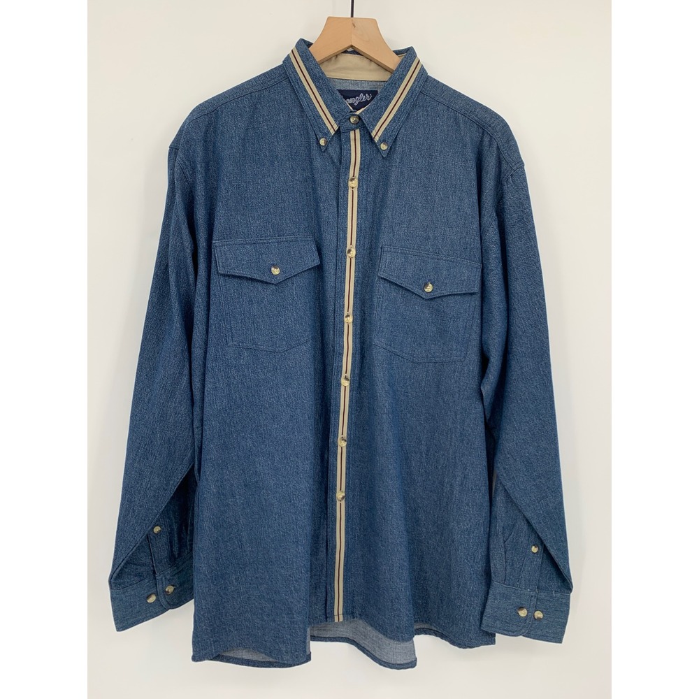 Wrangler Western Denim Shirt Mens Large Blue Striped Trim Long Sleeve Button
